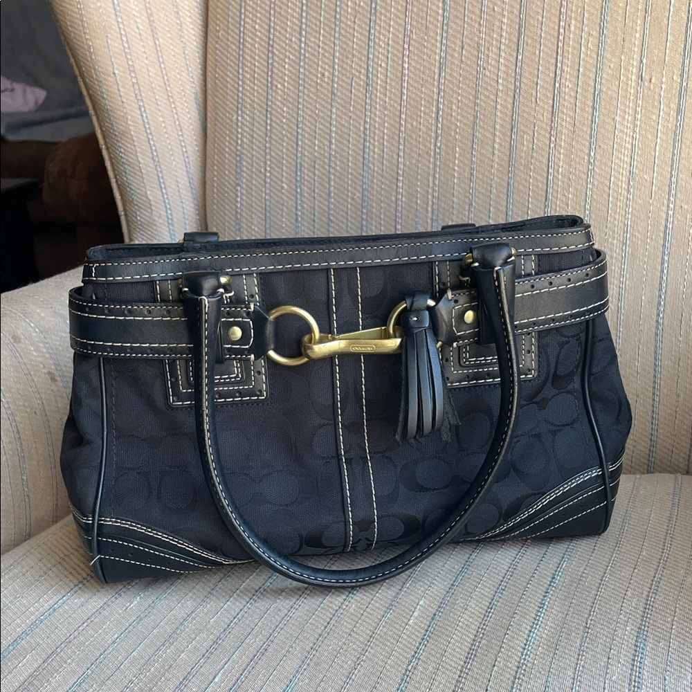 Coach Hampton Black Signature Shoulder Bag with Brass Accent